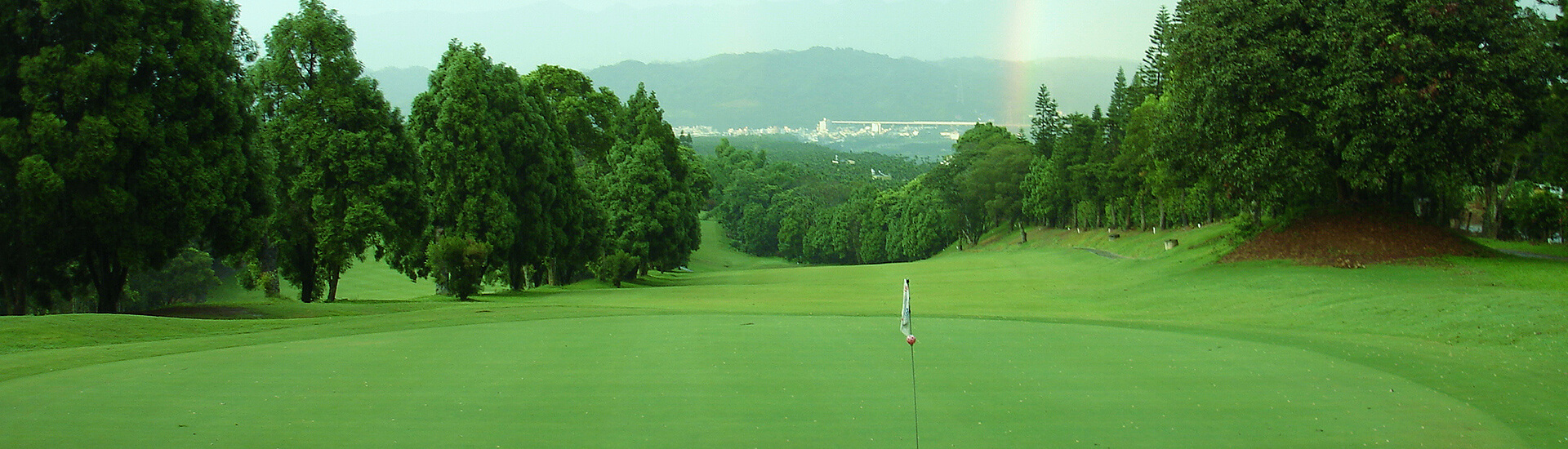 manicured grass fairway framed by mature green foliage