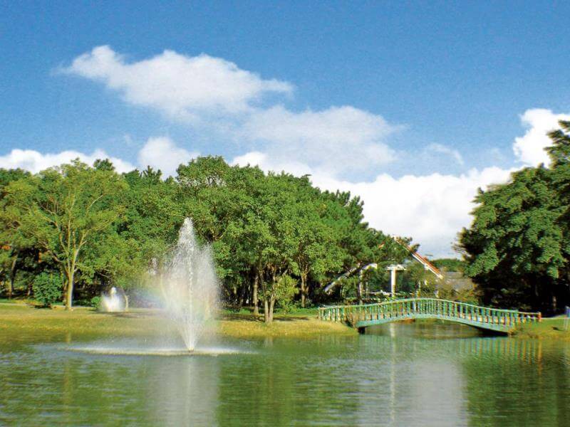 golf-taoyuan-19 lake surrounded by lush green trees and a cloudy blue sky