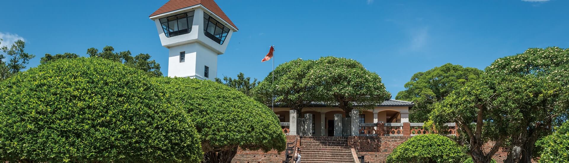 Panoramic view of Anping Tree House engulfed in banyan roots in Tainan, Taiwan.